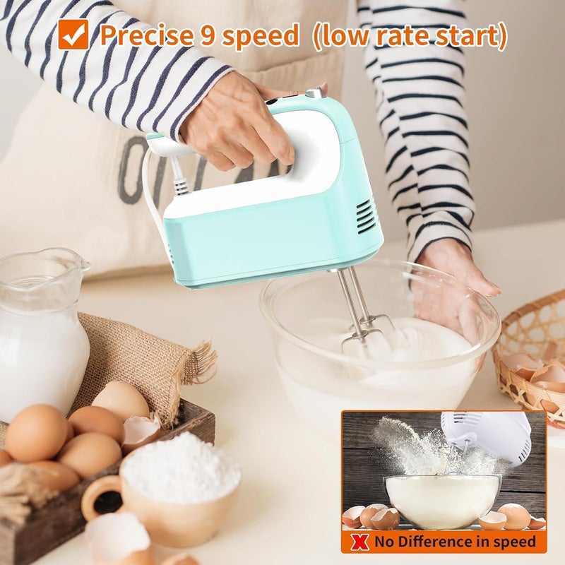 Yomelo 9-Speed Digital Hand Mixer Electric, 400W Powerful DC Motor, Hand Mixer Electric Handheld with Snap-On Storage Case, 5 Stainless Steel Accessories, Beaters, Dough Hooks, Whisk(Ice Blue/White) - Image 4